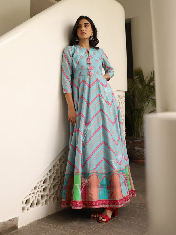 Blue Vasansi Silk Printed Anarkali Gown