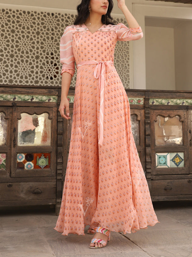 Peach Georgette Printed Jump Suit