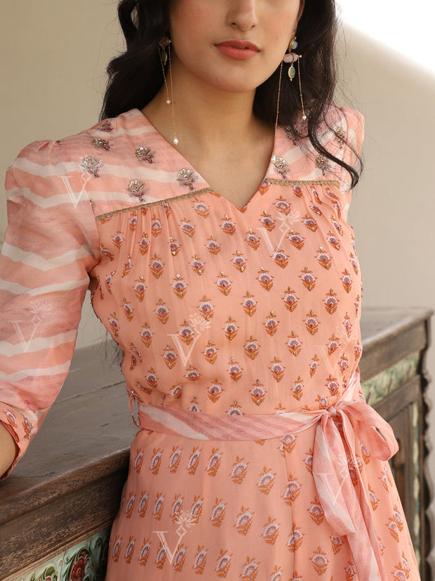 Peach Georgette Printed Jump Suit