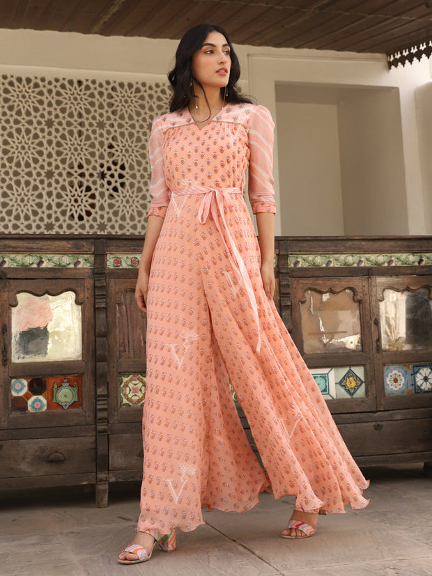 Peach Georgette Printed Jump Suit