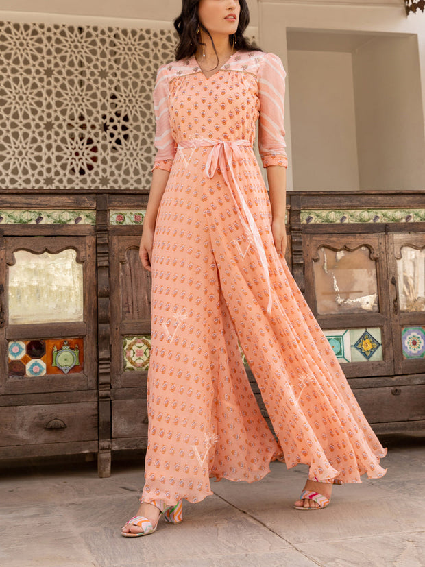 Peach Georgette Printed Jump Suit