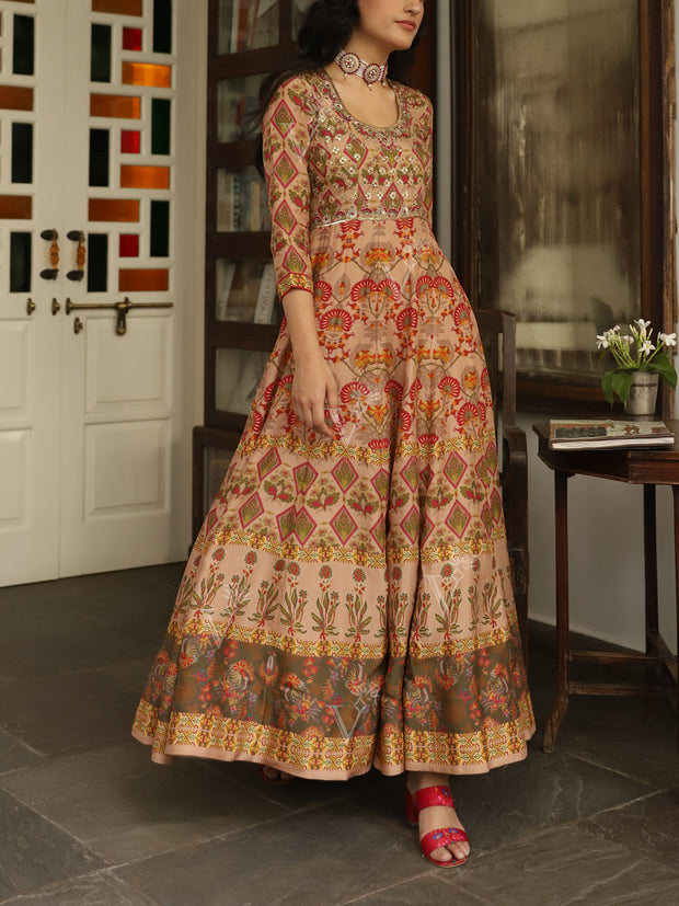 Yellow Vasansi Silk Printed Anarkali Gown