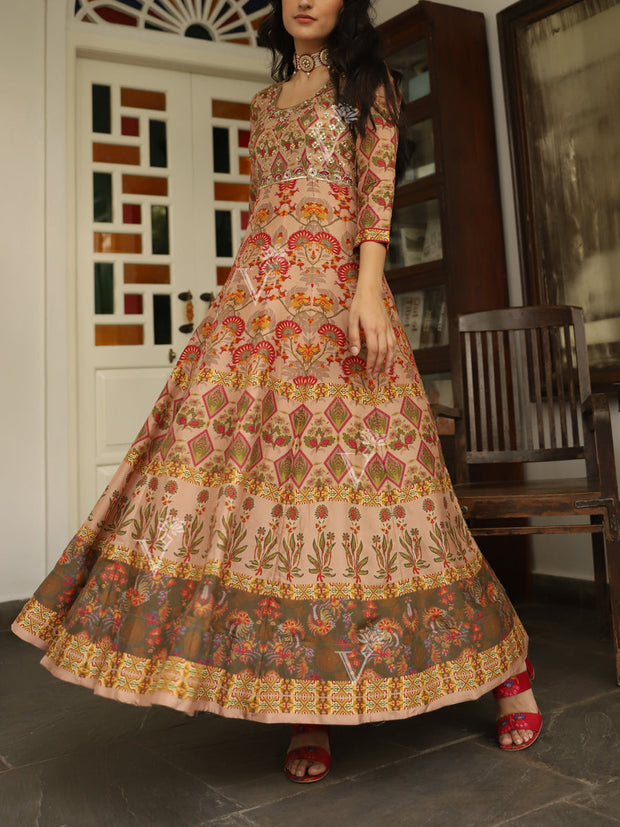 Yellow Vasansi Silk Printed Anarkali Gown