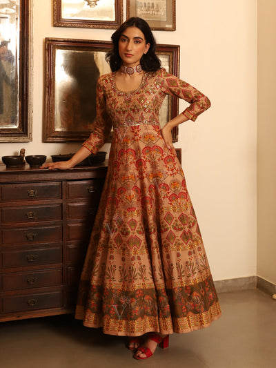 Yellow Vasansi Silk Printed Anarkali Gown