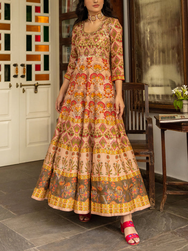 Yellow Vasansi Silk Printed Anarkali Gown