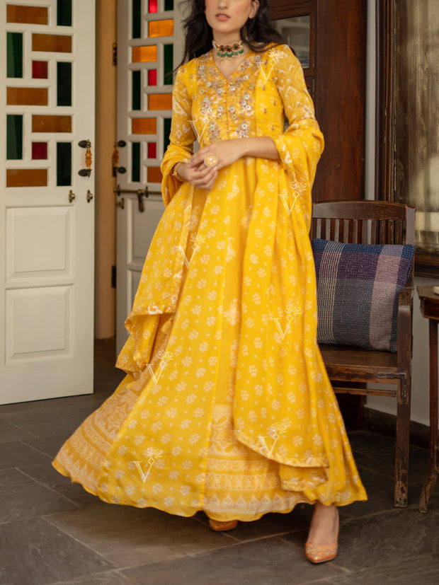 Yellow Vasansi Silk Printed Anarkali Gown