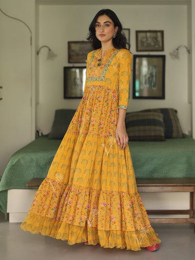 Yellow Cotton Printed Anarkali Gown