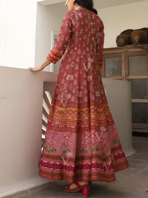 Brown Vasansi Silk Printed Embroidered Anarkali Gown