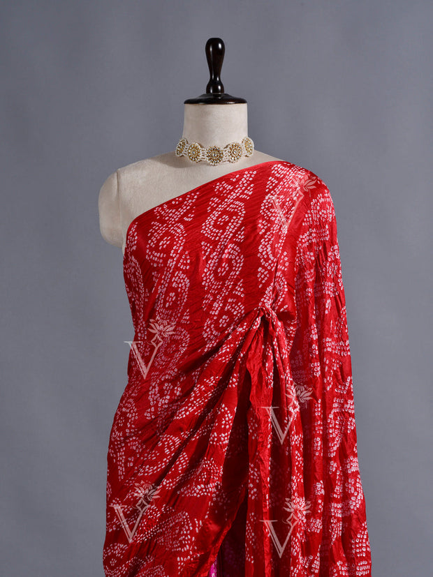 Red and Pink Silk Bandhani Zari Saree