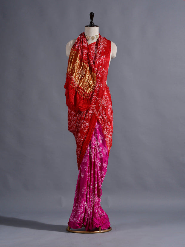 Red and Pink Silk Bandhani Zari Saree