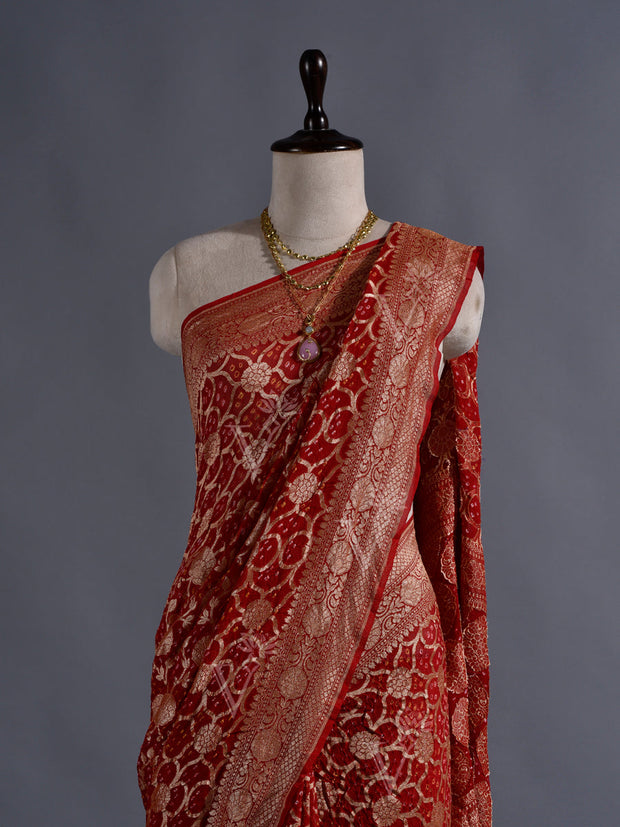 Red Georgette Bandhani  Zari Saree