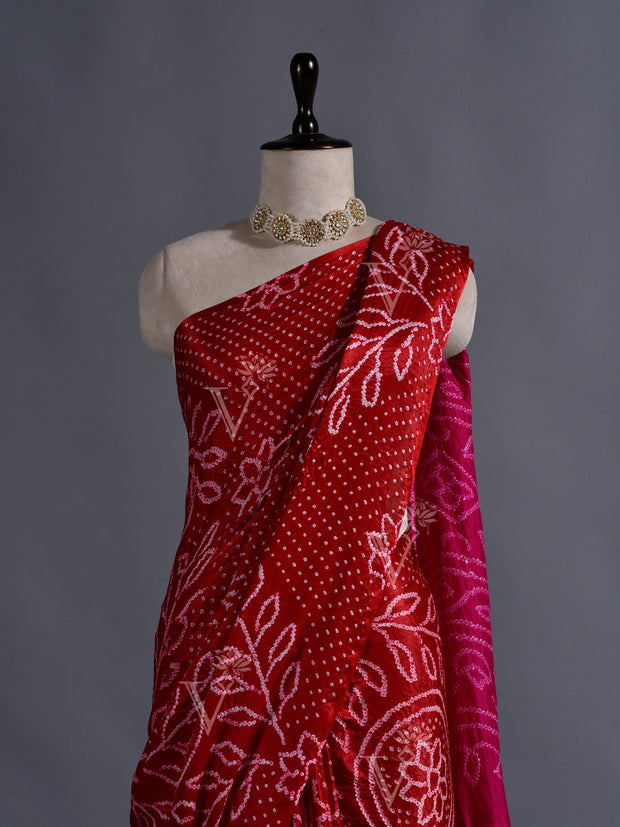 Red and Pink Silk Bandhani Zari Saree