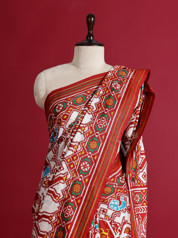 Rust and White Silk Double Ikat Patola Printed Saree