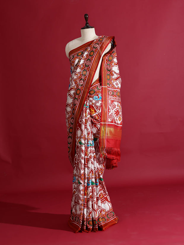 Rust and White Silk Double Ikat Patola Printed Saree