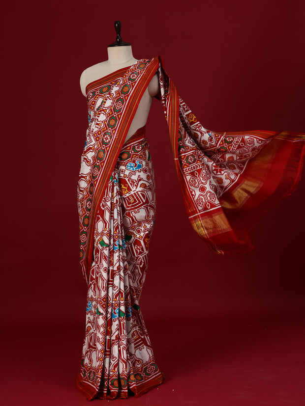 Rust and White Silk Double Ikat Patola Printed Saree