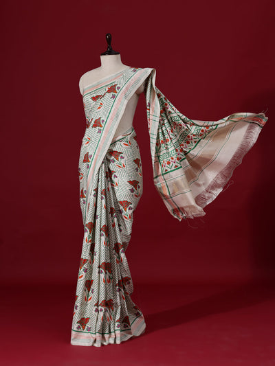 Off White Silk Printed Saree