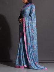 Blue Floral Printed Chiffon Saree