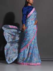 Blue Floral Printed Chiffon Saree