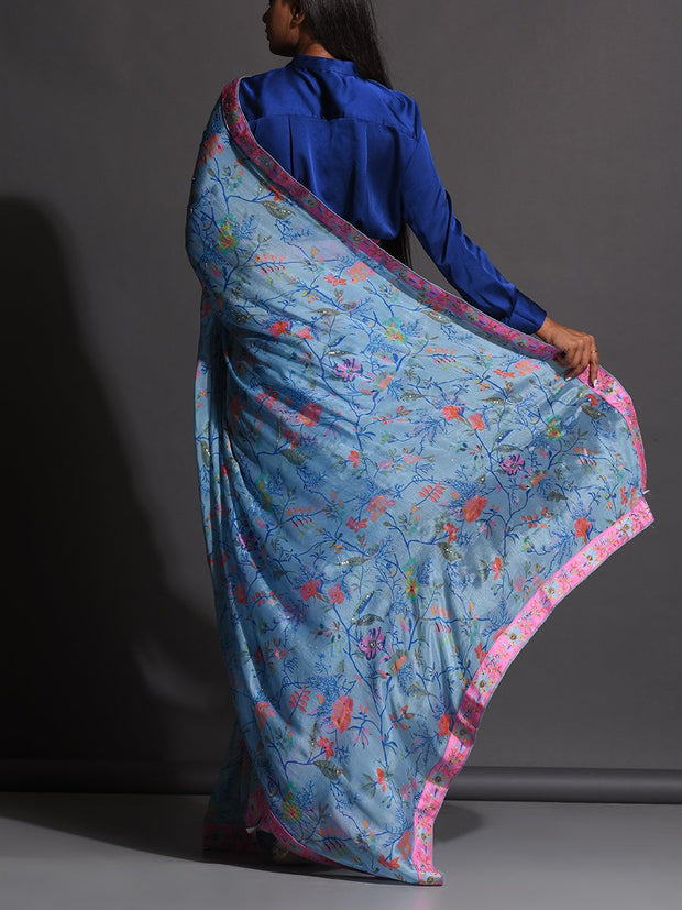 Blue Floral Printed Chiffon Saree