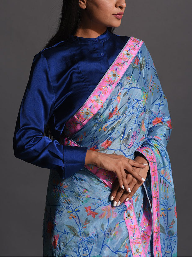 Blue Floral Printed Chiffon Saree