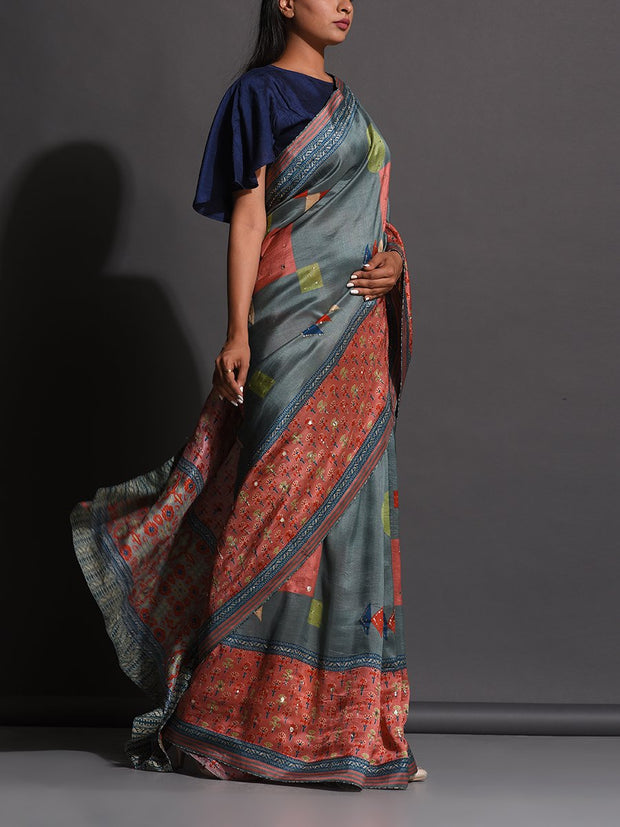 Slate Grey Vasansi Silk Printed Saree