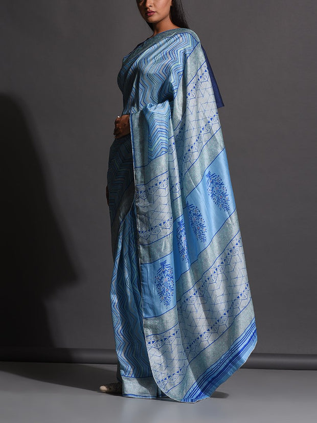 Cyan Blue Vasansi Silk Printed Saree