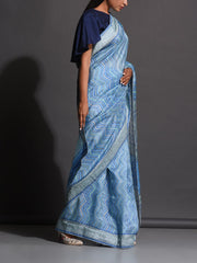 Cyan Blue Vasansi Silk Printed Saree