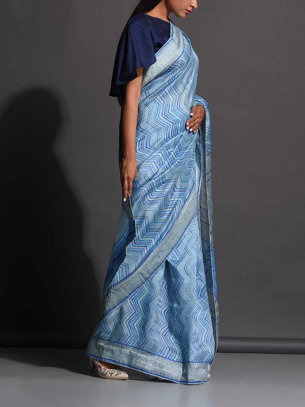 Cyan Blue Vasansi Silk Printed Saree