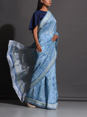 Cyan Blue Vasansi Silk Printed Saree