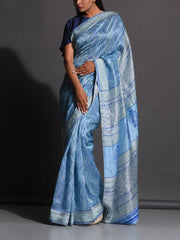 Cyan Blue Vasansi Silk Printed Saree