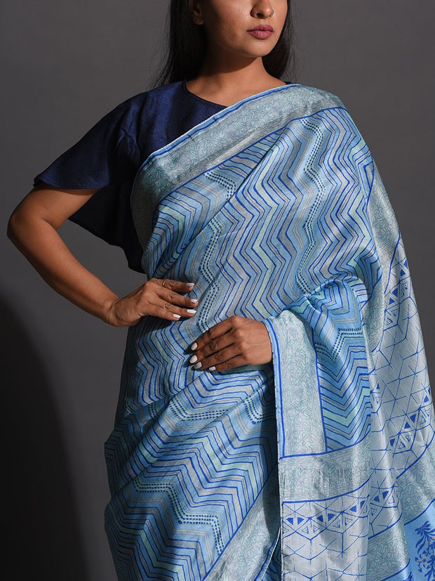 Cyan Blue Vasansi Silk Printed Saree