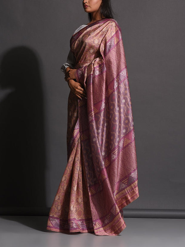 Lilac Beige Vasansi Silk Printed Saree