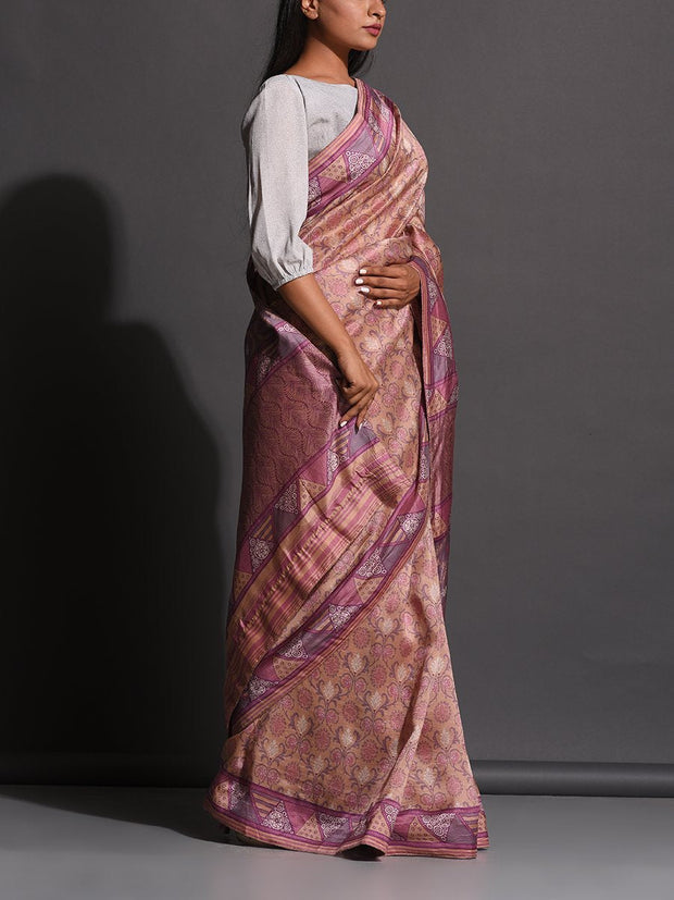 Lilac Beige Vasansi Silk Printed Saree