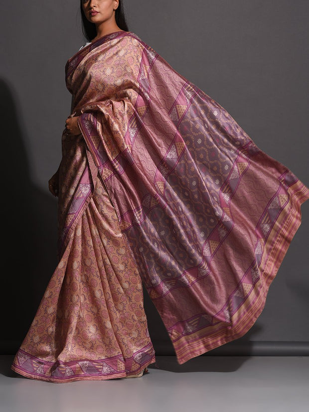 Lilac Beige Vasansi Silk Printed Saree