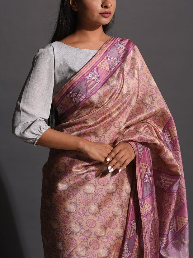 Lilac Beige Vasansi Silk Printed Saree