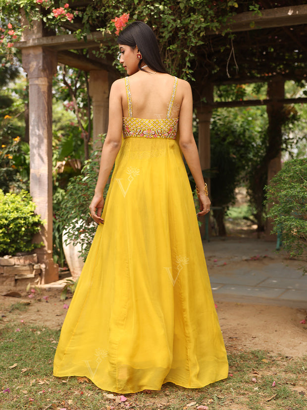 Yellow Embroidered Crop Top with Flaired Palazzo Set