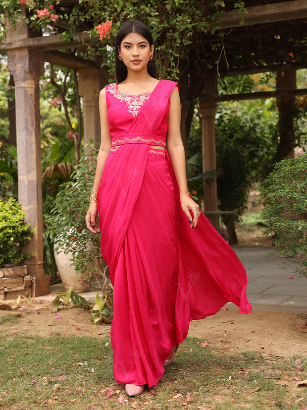 Hot Pink Silk Zardozi Drape Saree