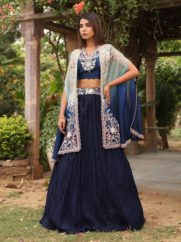 Blue Embroidered Organza Cape and Skirt Set