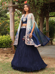 _label_New, DD35, MTO, RK, Blue, Embroidered Organza Cape , Skirt Set , Lehenga , lehenga set , Blue lehenga , cape set , jacket set , shrug set 