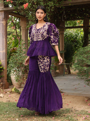 Violet Wrinkle Crepe Zardozi Peplum Jacket and Sharara Set