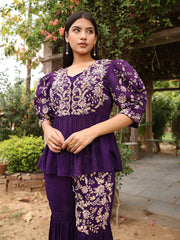 Violet Wrinkle Crepe Zardozi Peplum Jacket and Sharara Set