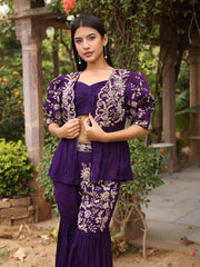 Violet Wrinkle Crepe Zardozi Peplum Jacket and Sharara Set