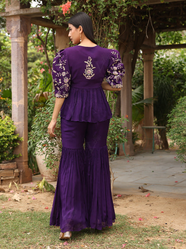 Violet Wrinkle Crepe Zardozi Peplum Jacket and Sharara Set