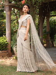 Cream Grey Wrinkle Crepe Jacket and Drape Sharara Set