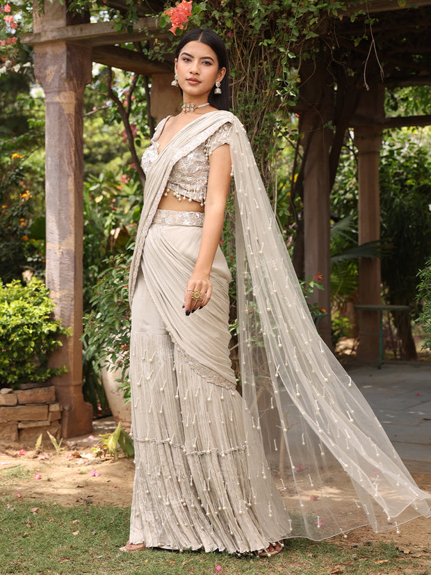 Cream Grey Wrinkle Crepe Jacket and Drape Sharara Set