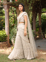 Cream Grey Wrinkle Crepe Jacket and Drape Sharara Set