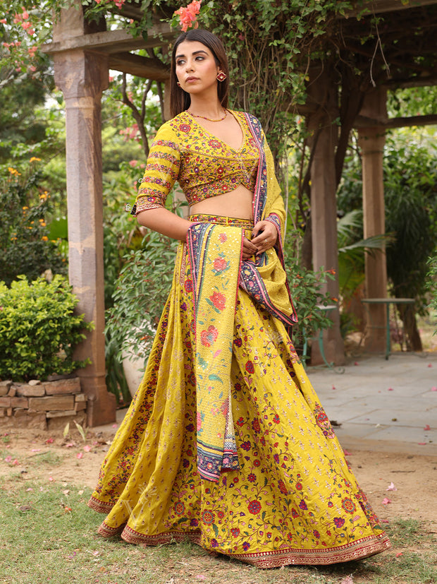 Lime Green Silk Embroidered Green lehenga Set