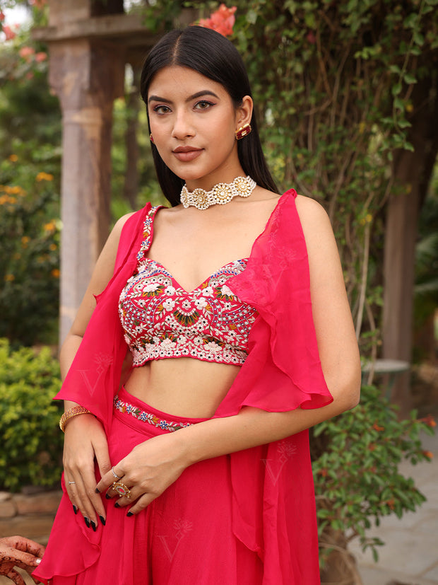 Hot Pink Embroidered Crop Top with Flaired Palazzo Set