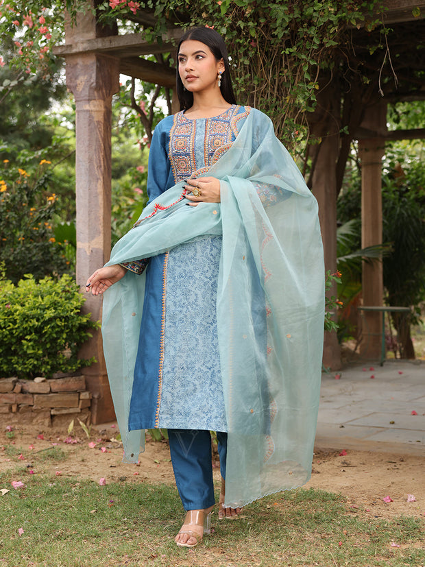 Blue Embroidered Chanderi Suit Set