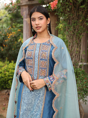 Blue Embroidered Chanderi Suit Set